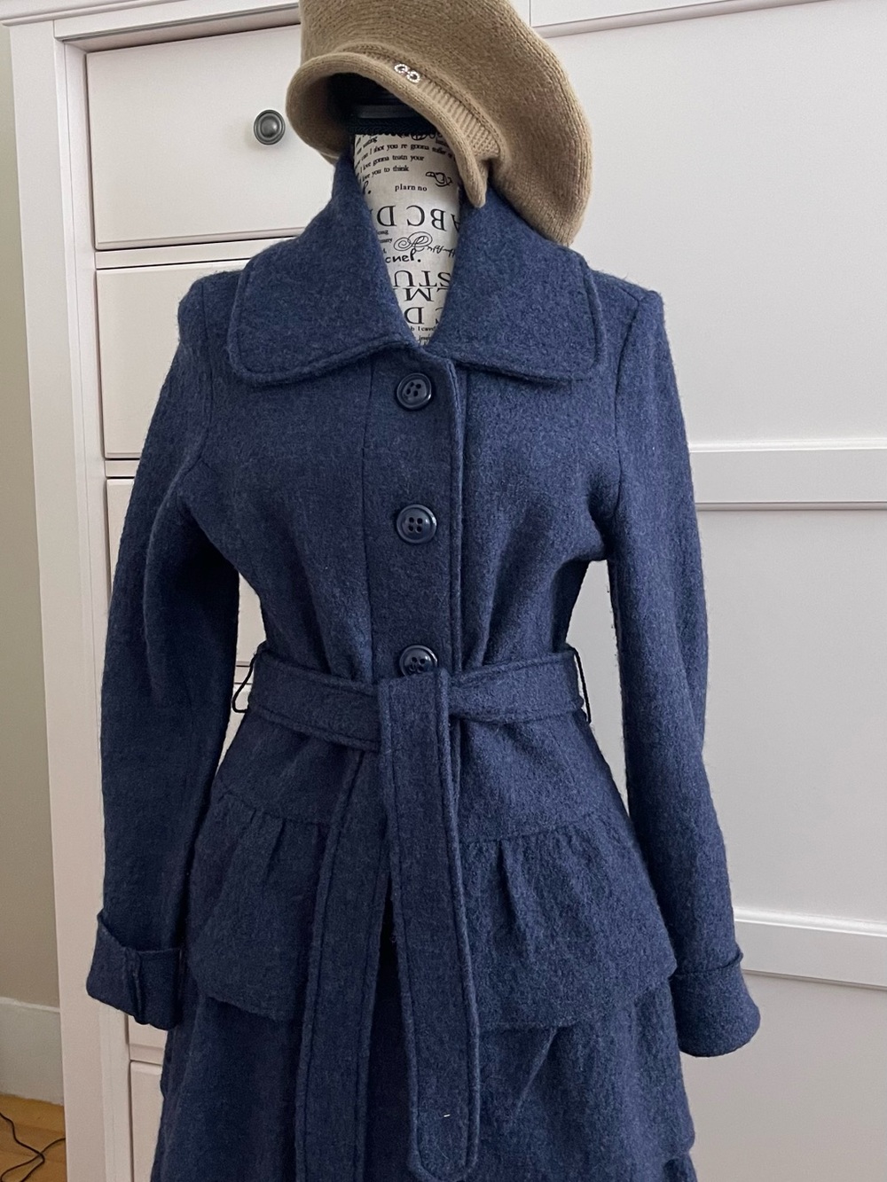 Cynthia Rowley Navy Belted Wool-Blend Peplum Trench Coat